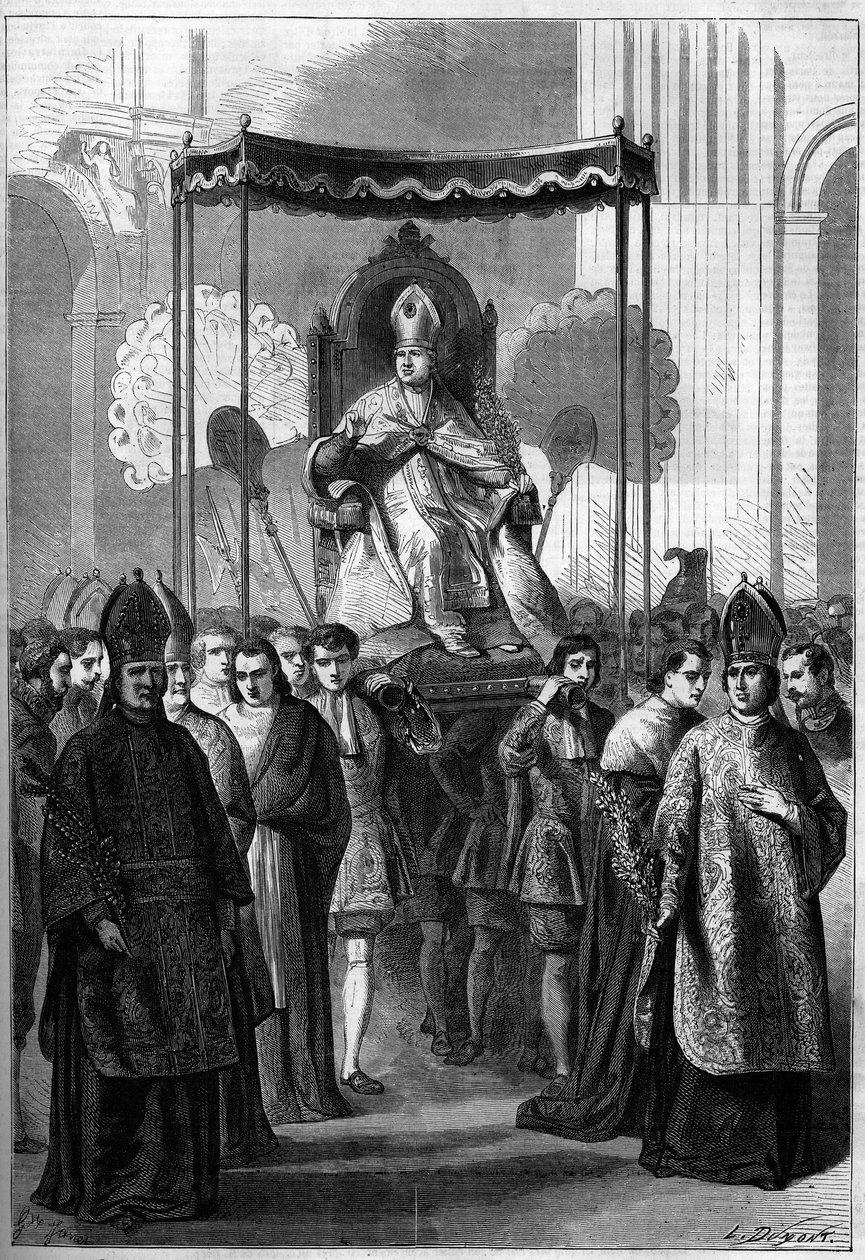 IX. Pius pápa (1792-1878) 1861. virágvasárnapján körmenettel tart a római (Olaszország) Szent Péter-templomhoz. Metszet a „Le Monde Illustré” 209. sz. 1861. április 13-án. alkotó: French School