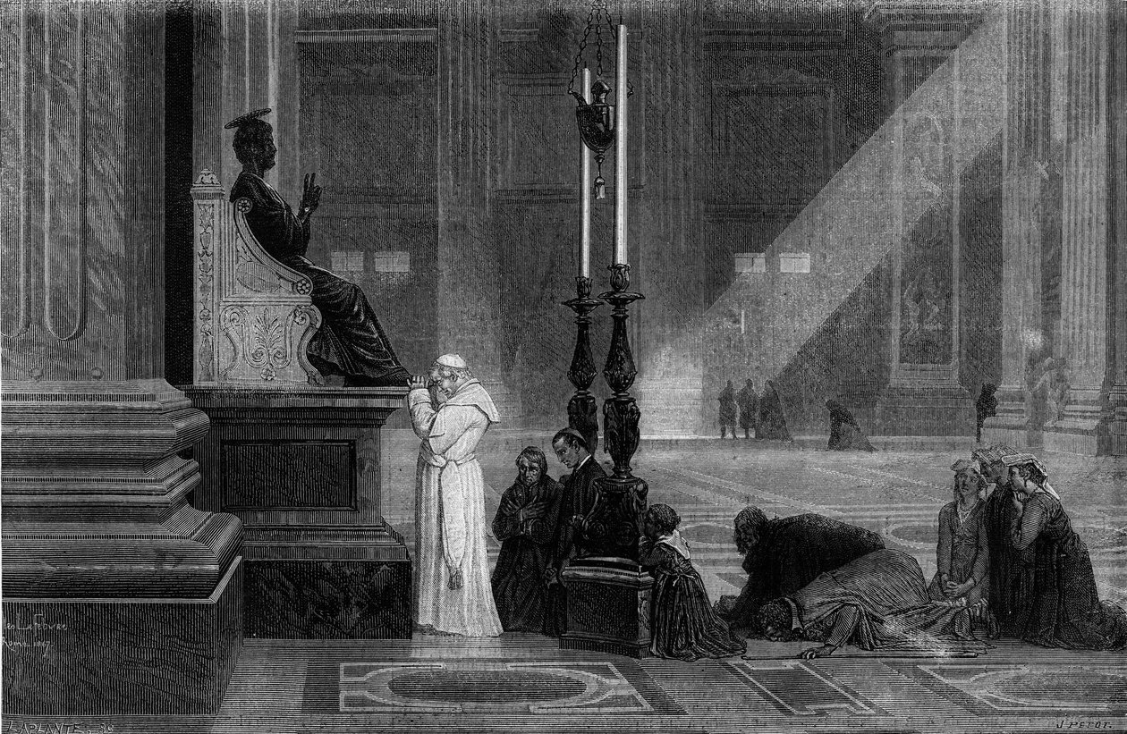 Pius pápa (1792-1878) a római Szent Péter-bazilikában a Szent Péter-szobor közelében imádkozott. Metszet Rómából: leírás és emléktárgyak, Francis Wey, 1870. alkotó: French School