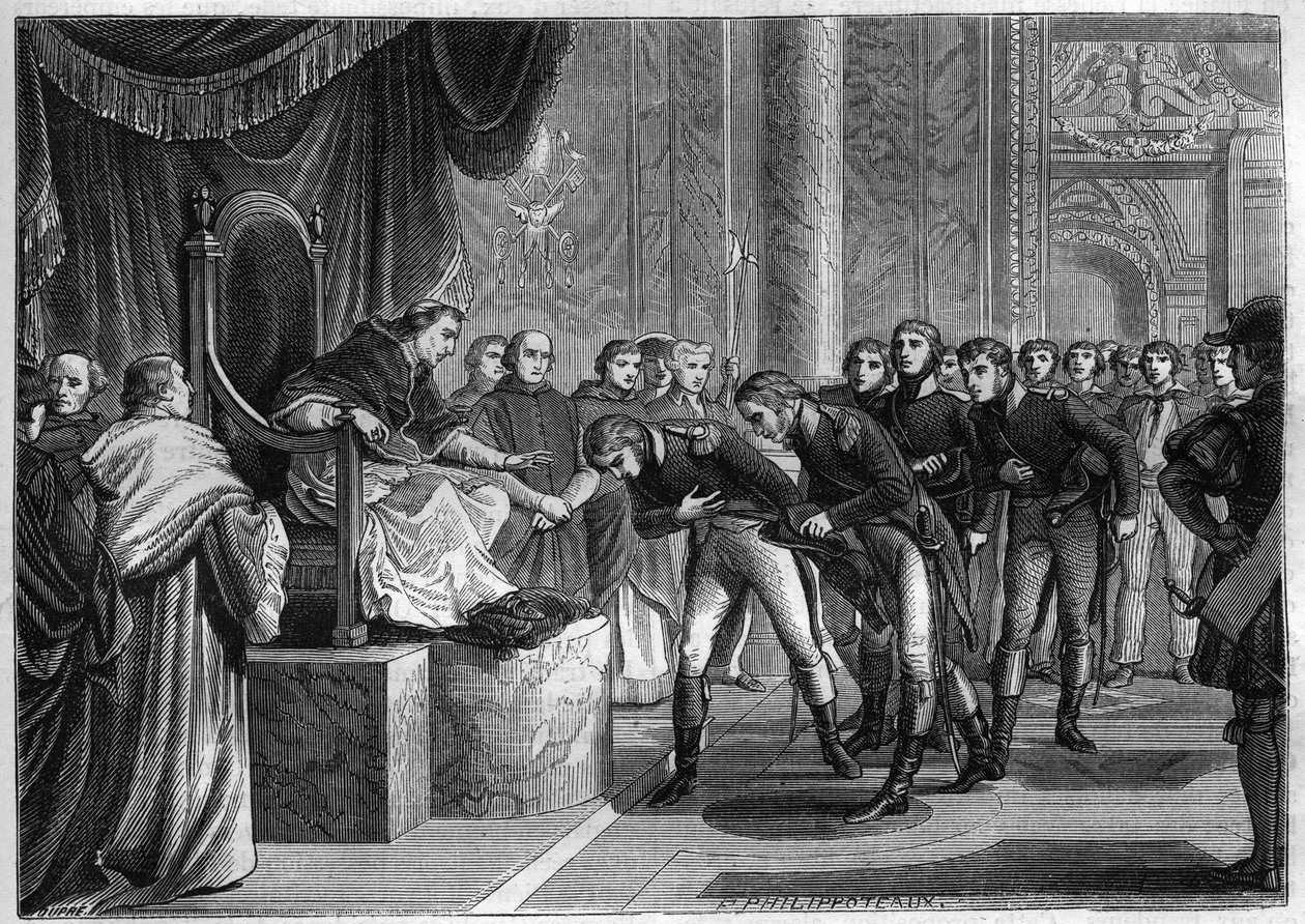 VII. Pius pápa (1742-1823) Rómában fogadta a két „Szent Péter” és „Szent Pál” tégla legénységének francia tengerészeit” Bonaparte ajándékba ajánlotta a pápának, 1802. augusztus – 1865-ös metszet a „Histoire”-ban du Consulate et de l