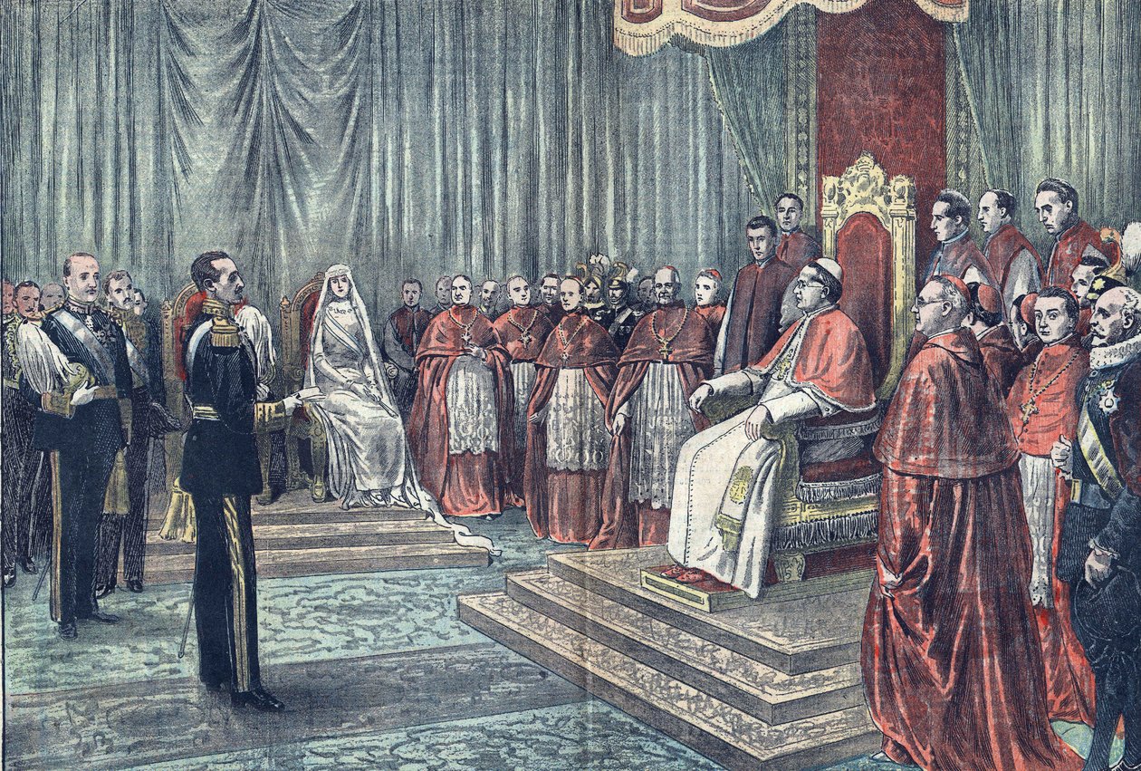 XI. Pius pápa ünnepélyes audiencián fogadja Spanyolország uralkodóit a "Le Pelerin"-ben. alkotó: French School