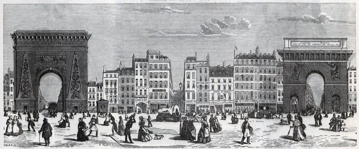 Porte Saint-Denis és rue faubourg Saint Denis – Porte Saint Martin és rue faubourg Saint-Martin Edmond Texier (1815-1887) metszet a „” Tableau-de-Paris”-ban alkotó: French School