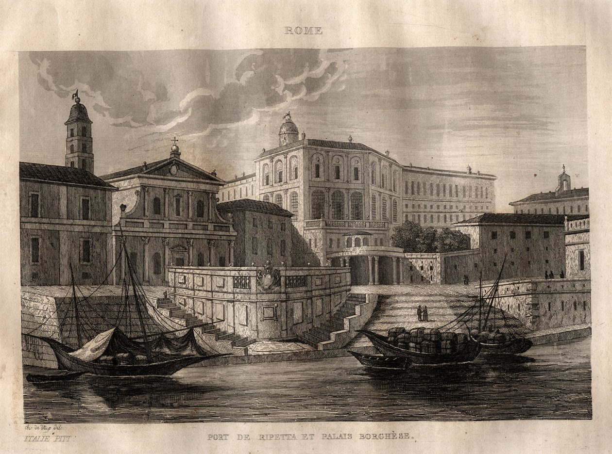 Porto di Ripetta és Palazzo Borghese – Róma – Metszet a „festői Olaszországból” – Olaszország történelmi és leíró festménye”, M. de Norvins, Ch. Nodier 1834-1836. alkotó: French School