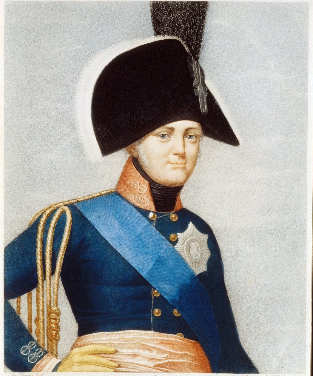 I. Pavlovics Sándor cár (1777-1825) portréja (I. Sándor császár portréja). A Szentlélek Lovagrendjének kék pántját és a Szent András császári rend hímzett jelvényét viseli. Egy francia mester munkája, litográfia mi alkotó: French School