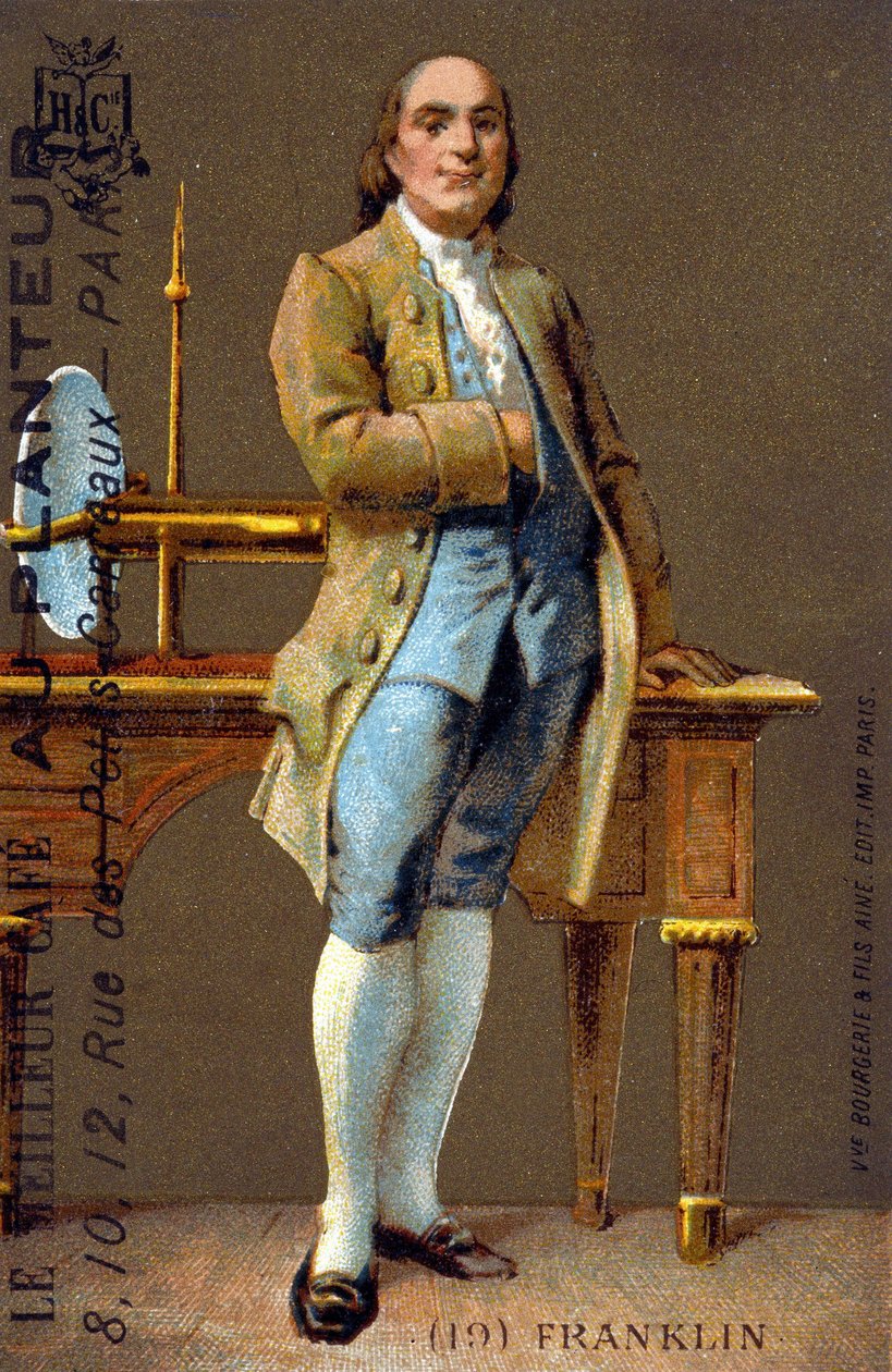 Benjamin Franklin, amerikai politikus és fizikus (1706-1790) lábas portréja - kromo., deb. 20. század alkotó: French School
