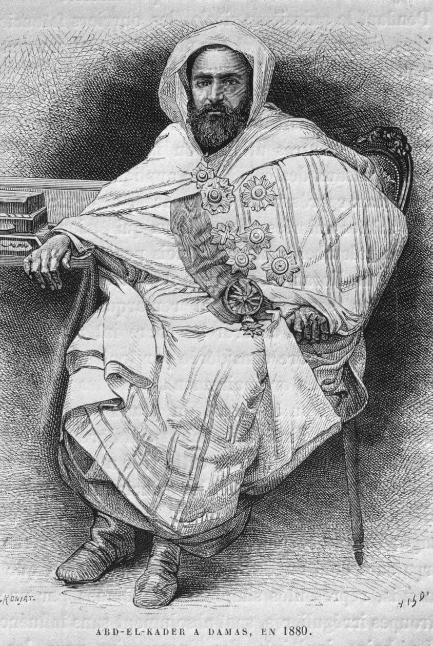 Abd el-Kader portréja Damaszkuszban 1880-ban (1808-83), ma Szíriából. Utazások Föníciában, Libanonban és Júdeában. Louis Charles Emile Lortet 1875-1880, 1884 (bw metszet) alkotó: French School