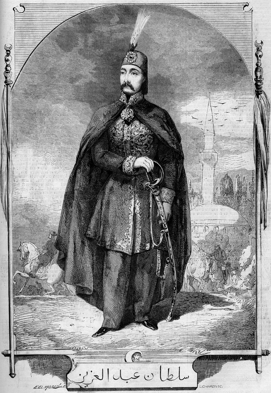 Abdul Aziz (Abd-ul-Aziz vagy Abd Ul Aziz vagy Abdulaziz) 1830-1876), az Oszmán Birodalom szultánjának portréja. Metszet a „” Le Monde Illustré”” 224. számában, 1861. július 27-én. alkotó: French School