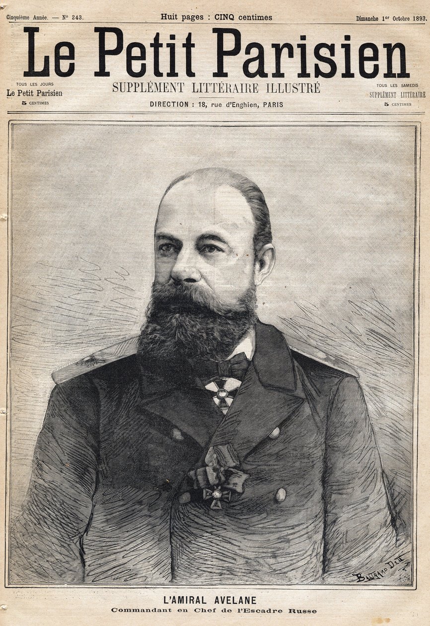 Avelane admirális, az orosz osztag parancsnokának portréja. A „Le Petit Parisien” című újság egyike, 1893.10.1. alkotó: French School
