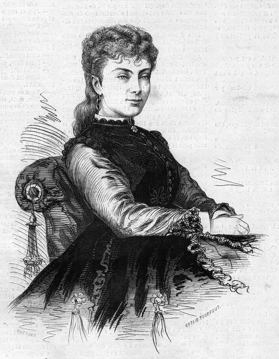Aimee Desclee (kb. 1837-1874) francia komikus portréja. Metszet a „” Le Monde Illustré”” 883. számában, 1874. március 14. alkotó: French School