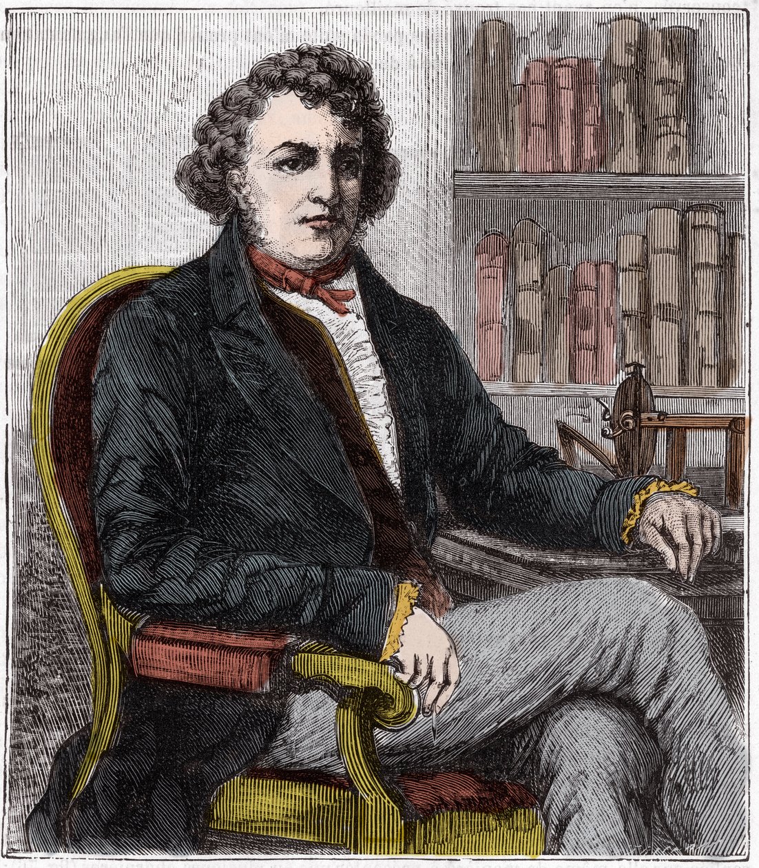 Andre Marie Ampere (1775-1836) francia fizikus portréja - Andre-Marie Ampere (1775-1836), francia fizikus és az elektrodinamika úttörője - Metszet a "tudományok mise à la range de tous - physics et chimie populaires" című könyvébe Alexis Cleric – 19. száza alkotó: French School