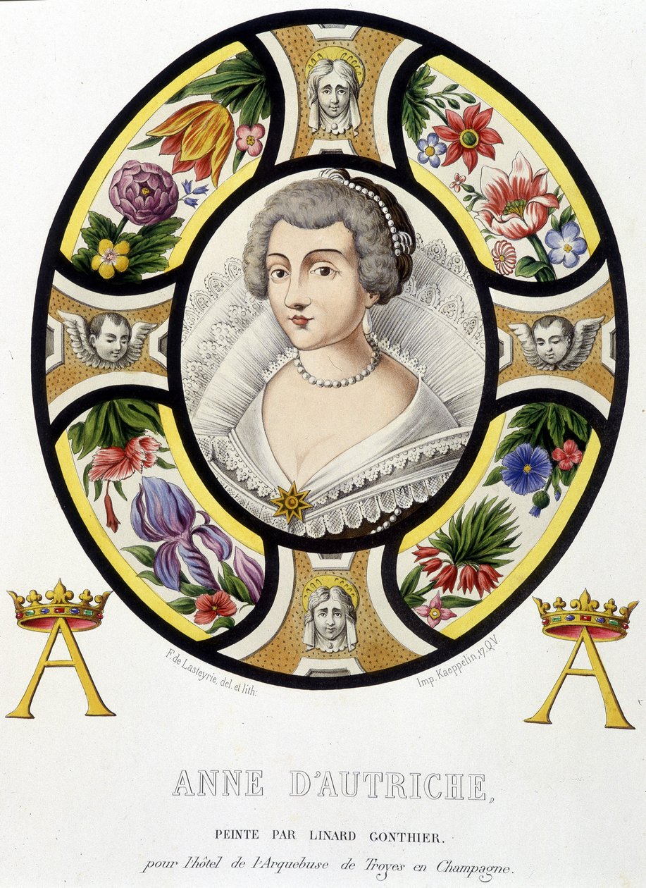Osztrák Anna francia királynő (1601-1666) portréja. Egy középkori ólomüveg fakszimile a „Histoire de la peinture sur verre”-ben, Ferdinand de Lasteyrie alkotó: French School