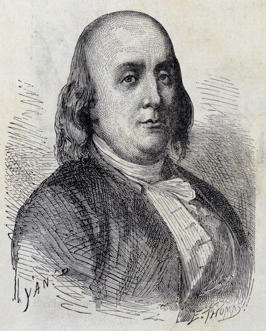 Benjamin Franklin (1706 - 1790), amerikai politikus, emlékező, röpiratíró és fizikus portréja – a Tudományos Albumban; jeles tudósok; Nagy felfedezések””” 1896. alkotó: French School