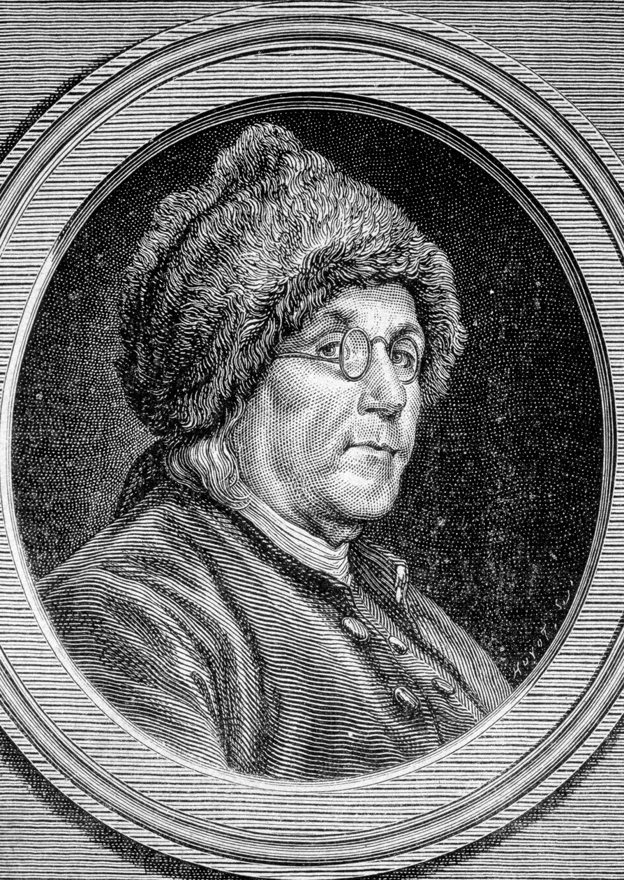Benjamin Franklin (1706 - 1790), politikus, emlékező, röpiratíró és amerikai fizikus portréja – az Album de la Science című kiadványban; jeles tudósok; Nagy felfedezések””” 1896. alkotó: French School
