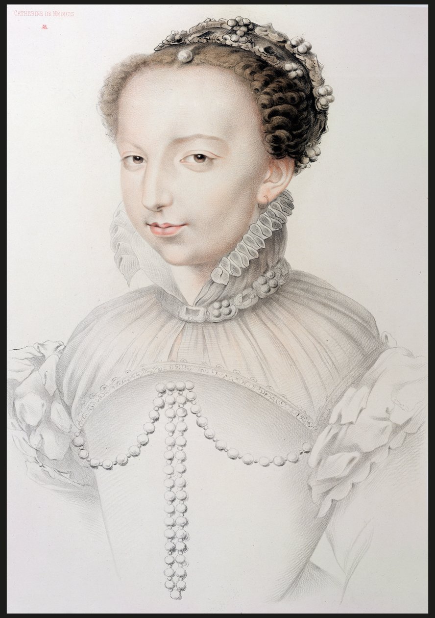 Catherine de Medici (1519-89) portréja, egy 16. századi rajz fakszimile, amely a 16. század leghíresebb francia személyiségeinek portréiban jelenik meg, P.G. Niel, Párizs, 1848 (grafit o alkotó: French School