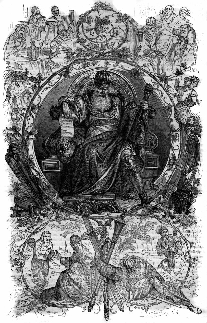 Nagy Károly portréja (I. Károly Nagy Károly néven ismert, 742-814). Metszet a „Pápák-királyok-királynők és császárok története az évszázadokon keresztül” című könyvébe, Maurice Lachatre alkotó: French School