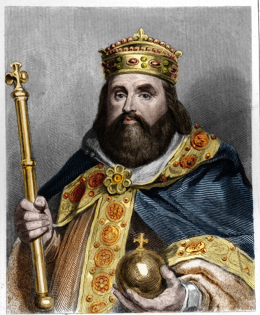 III. Károly 3. Gros (839-888), Nyugat császára (881-887) és Franciaország régense (884-887) portréja - Lavallee „Histoire des Francais”-jában, metszet, sd. alkotó: French School