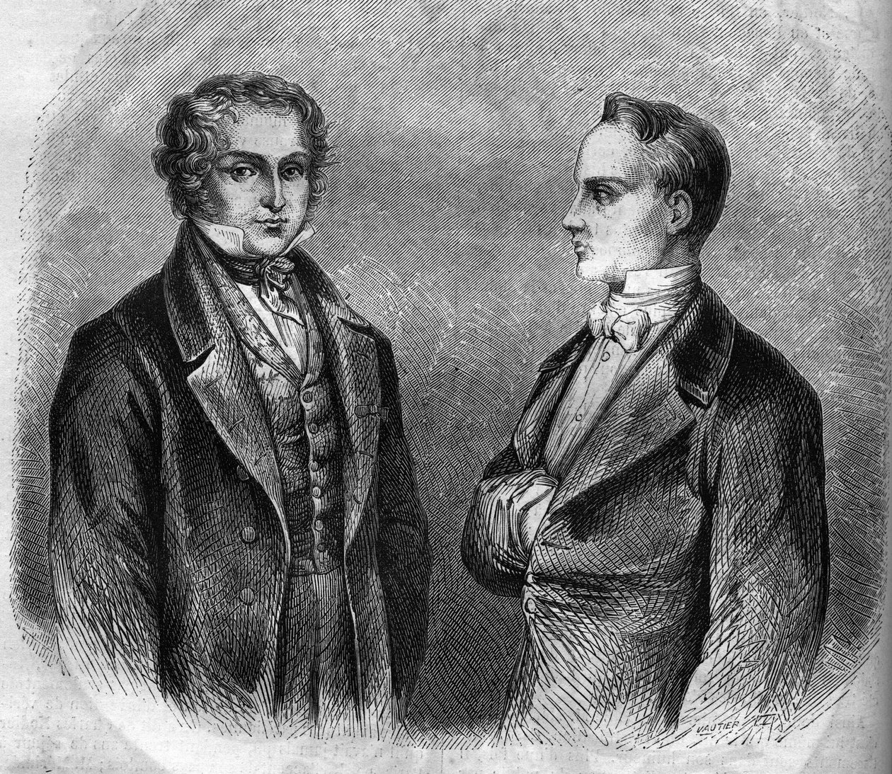 Charles Nodier (1780-1844) és Prosper Merimee (1803-1870) francia írók portréja. Metszet 1866-1867. alkotó: French School
