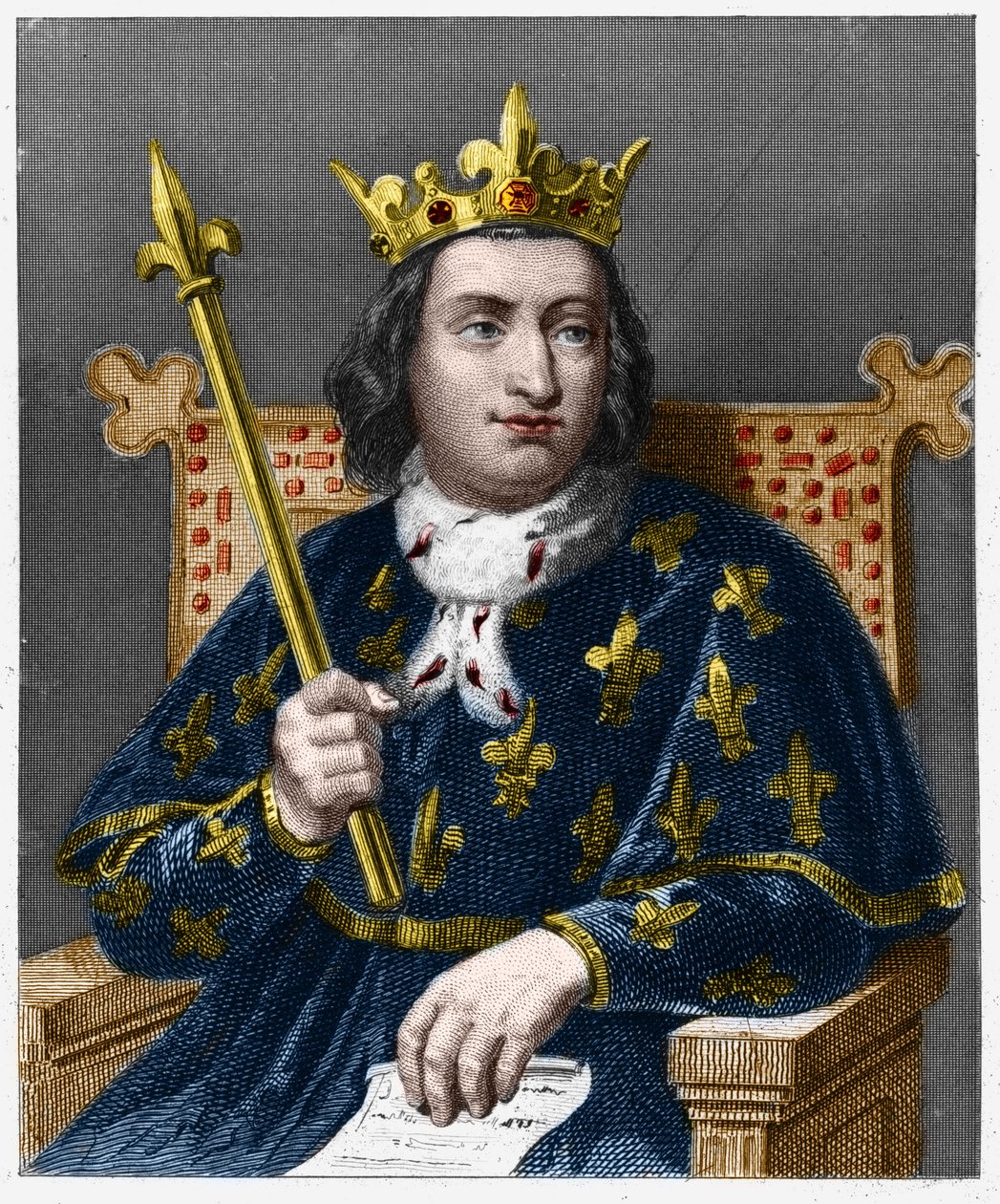 V. Bölcs Károly (1338-1380), francia király portréja – Lavallee „” Histoire des Francais” című könyvében, metszet, sd. alkotó: French School