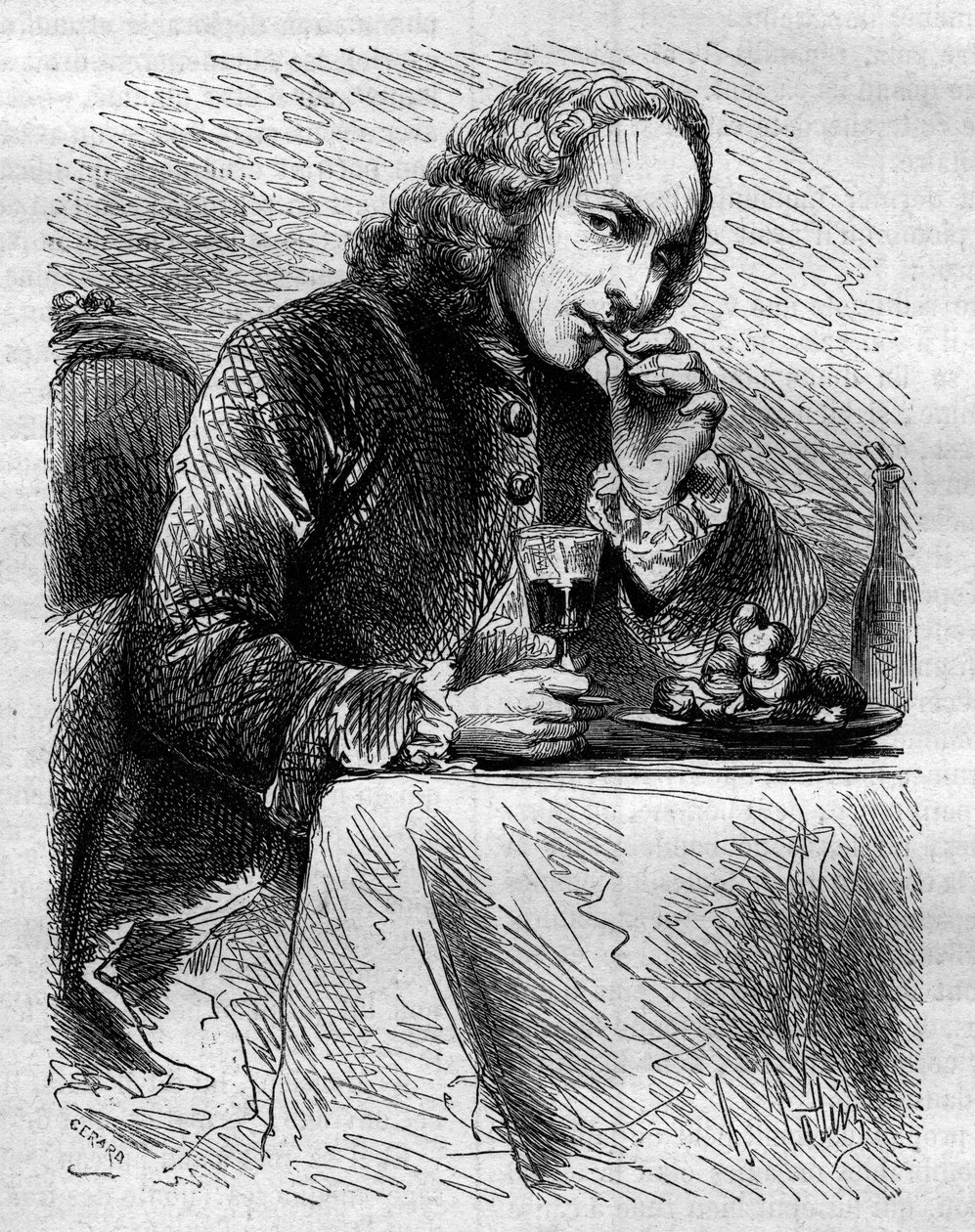 Claude Henri de Fusee de Voisenon (1708-1775) francia egyházi ember, költő és drámaíró portréja, akit Cauterets cukrásza képvisel. Metszet 1858-ból. alkotó: French School