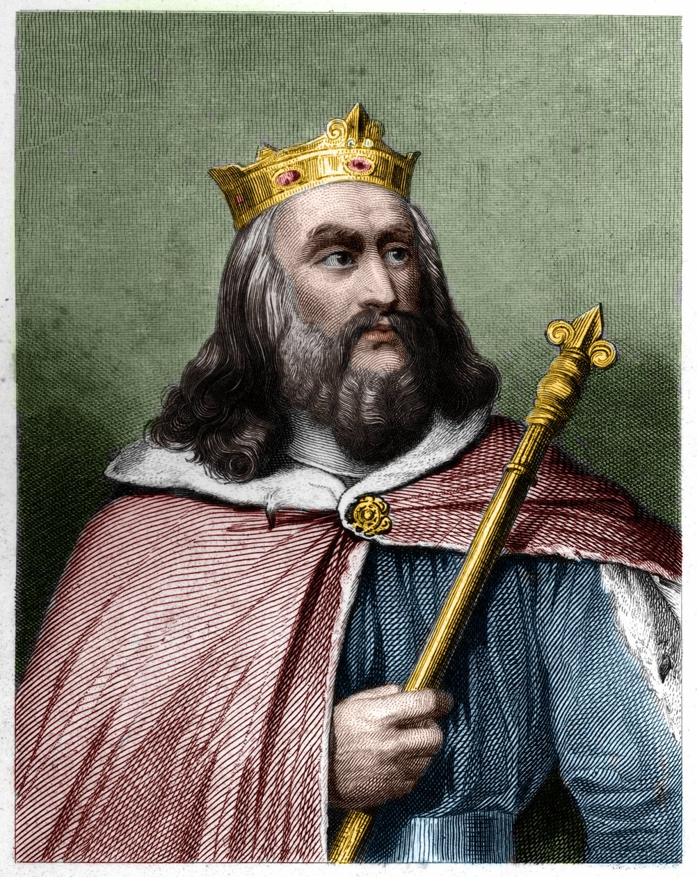 Clotaire (Clothaire) II (584 - 628), Neustria királyának és a frankok királyának portréja - Lavallee „” Histoire des Francais” című könyvében, metszet, sd. alkotó: French School