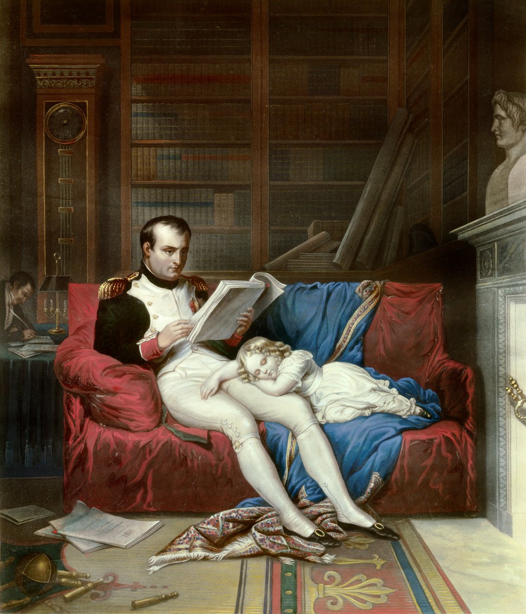 I. Napóleon császár (1769-1821) és fia, II. Napóleon római király portréja, Reichstadt hercege (1811-1832) az ölében aludt. századi metszet, Malmaison, musee du chateau alkotó: French School