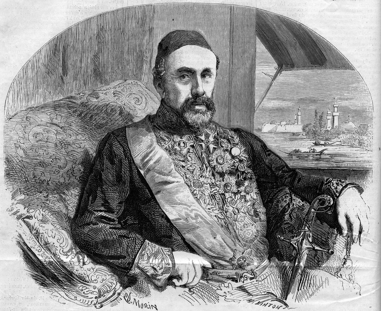 Fouad (Fuad) pasa (1815-1869), török politikus és nagykövet portréja. Morin metszete a „” The Illustrous World” 65. számában, július 10. alkotó: French School