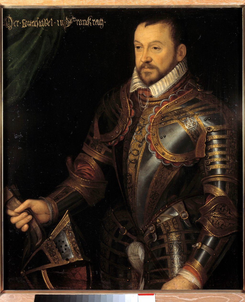 I. Francois, Montmorency hercege, francia marechal (1530-1579) portréja páncélban, monogramjával és feleségének Diane de France-jával. Festmény a 16. századi francia iskoláról. Homályos. 0,87x0,74 m. Versailles, Chateaux de Versailles et alkotó: French School