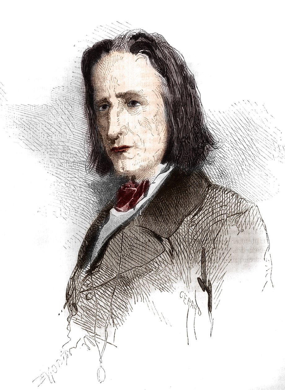 Liszt (Listz) Ferenc (1811-1886) magyar zeneszerző és zongoraművész portréja. Metszet 1865-1866. alkotó: French School