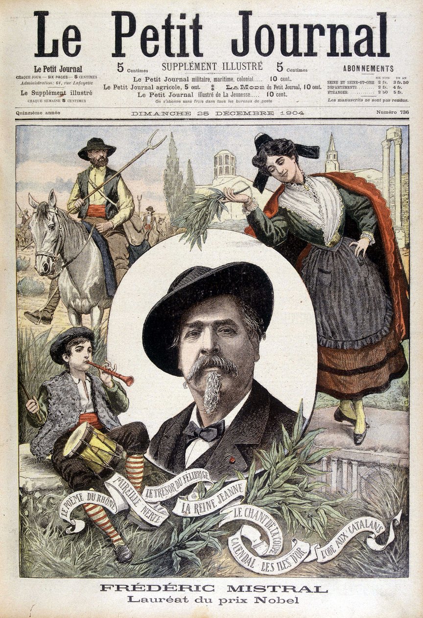 Frédéric Mistral portréja, provence-i karakterekkel körülvéve (gondnok, tűz és Mireille) - az 1904.12.28-i „Le Petit Journal”-ban (metszet) alkotó: French School