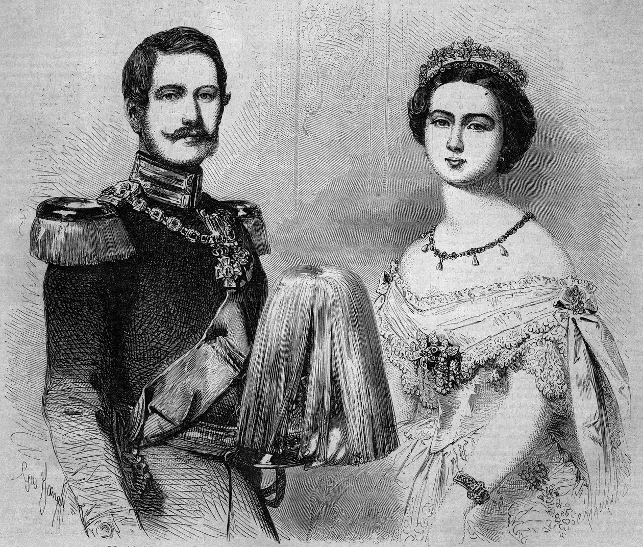 Frigyes Guilllaume porosz portréja (1831-1888, leendő III. Frigyes porosz király és német császár) és menyasszonya, Viktória angol hercegnő (1840-1901) portréja. Metszet a „” Le Monde Illustré”” 41. számban, 1858. január 23-án. alkotó: French School