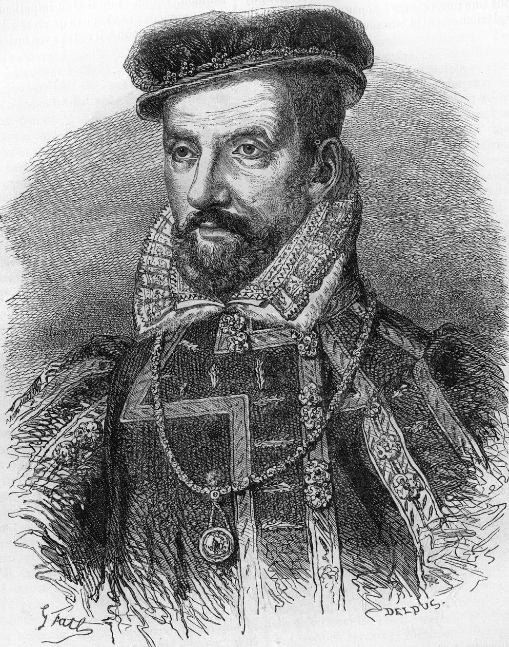 Gaspard de Coligny, de Coligny admirális (1519-1572) portréja. „Franciaország népszerű története” c. 1885 körül. Metszet. alkotó: French School