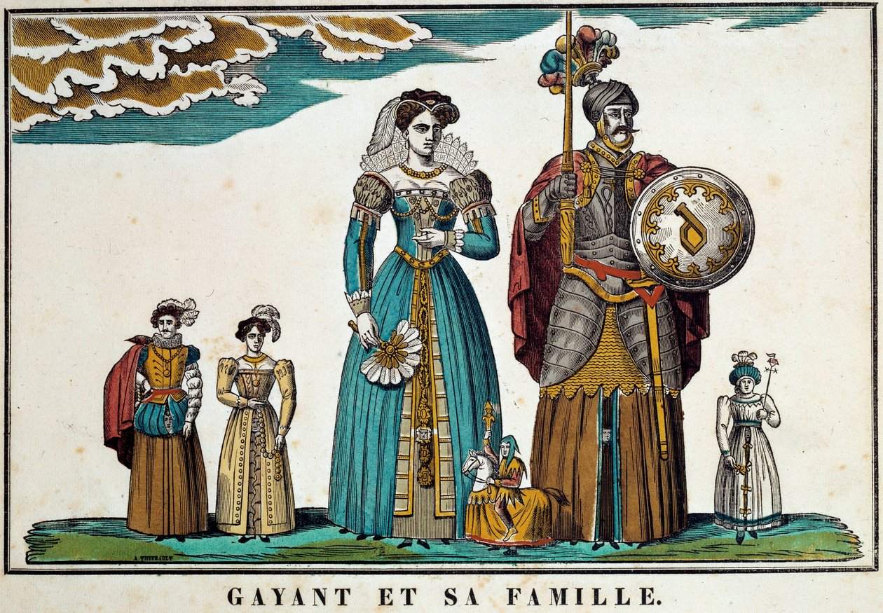 A Douai városát jelképező óriás, Gayant portréja családjával: feleségével, Marie Cagenonnal és három gyermekével, Jacquot-val, Fillonnal és Binbinnel ábrázolja. 18. századi metszet, Belfort képei. Ferrand kollekció alkotó: French School