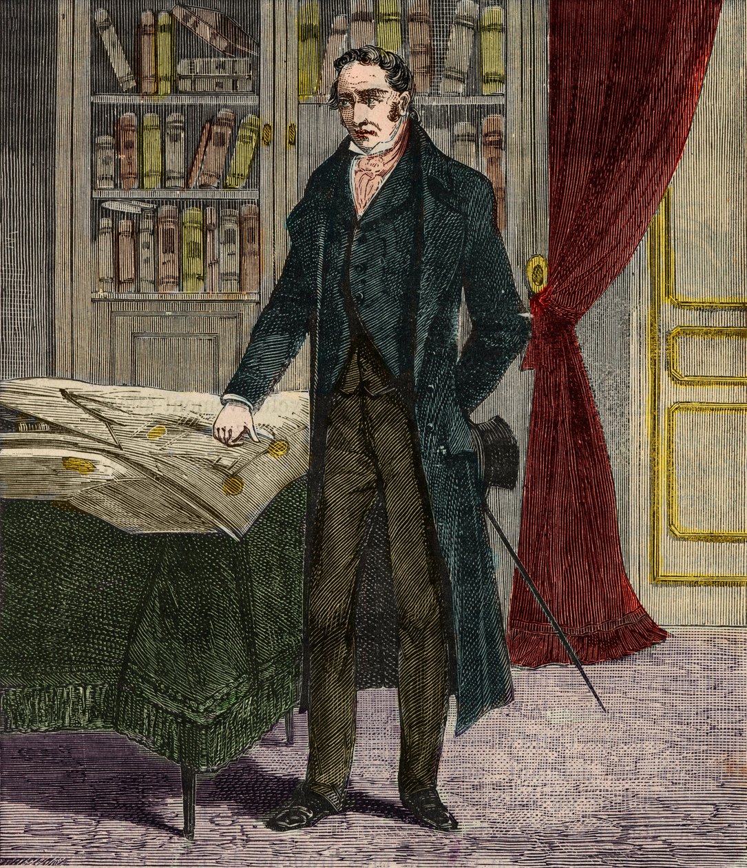 George Stephenson (1781-1848), brit mérnök és a vasúti mozdonyok úttörője portréja - Metszet a „tudományokba mindenki számára elérhető” - Alexis Clerc népszerű fizika és kémia - 19. század vége - Magángyűjtemény alkotó: French School