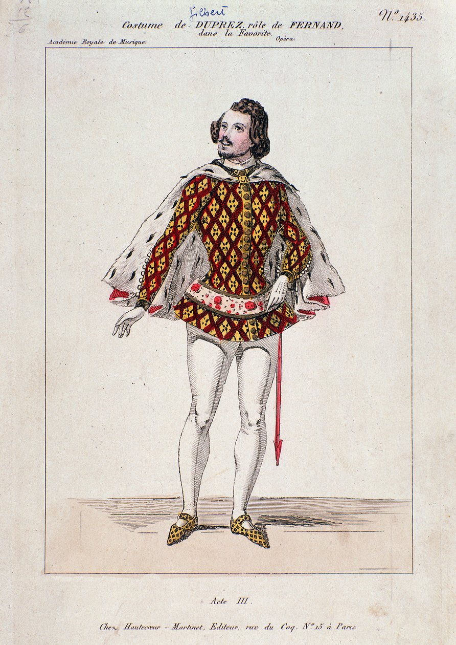 Gilbert Duprez francia tenor és zeneszerző portréja Gaetano Donizetti "La Favorite" című művében (színes metszet) alkotó: French School