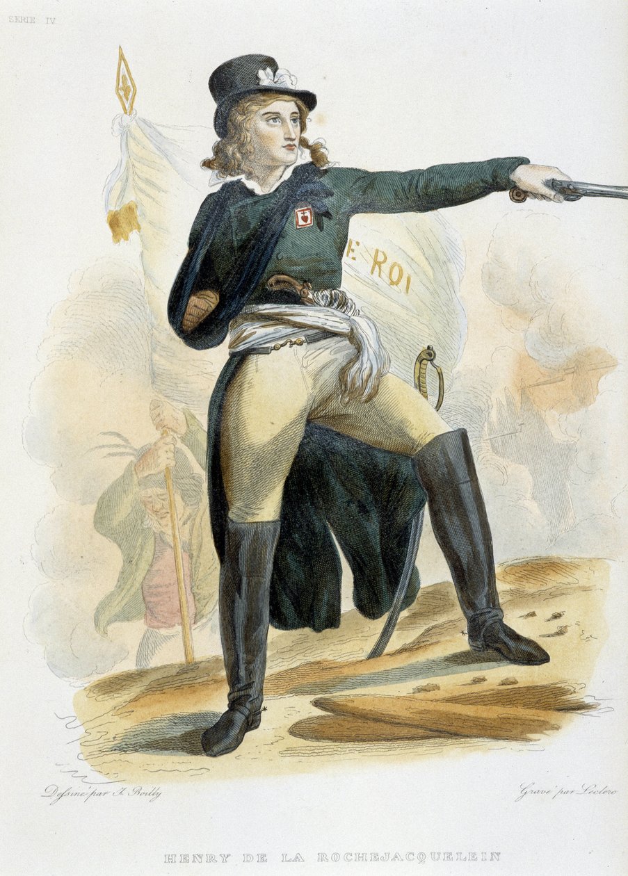 Henri du Vergier, La Rochejaquelein grófja (vagy La Rochejacquelein gyümölcsöskertje) (1772-1794) portréja a „live le roi” zászlóval (mellkasán a vendék jelvénye) - „Le Plutarque Français””-ban, készítette Mennechet, 8. kötet 1841 alkotó: French School