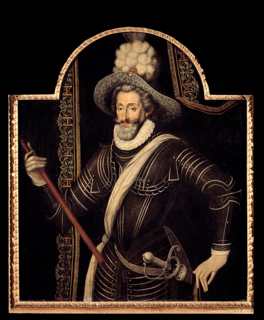IV. Henrik portréja fehér gyöngyben és tollban, Franciaország és Navarra királya (1553-1610) A 16. századi francia iskola névtelen festménye. Homályos. 1,15x0,99 m. alkotó: French School