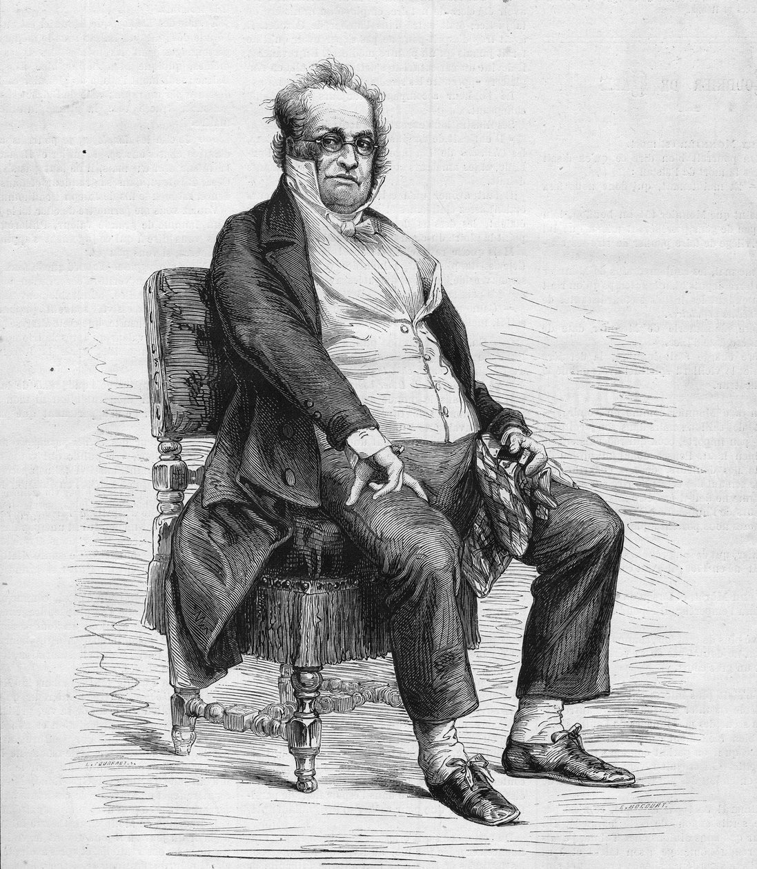 Henry Monnier (1799-1877) francia drámaíró, karikaturista és humorista portréja. „Monsieur Prudhomme”-nak öltözött, Monnier által kitalált karakter, a 19. századi francia burzsoák rajzfilmje. Metszet a „” Le Monde Illustré”” 1031. sz alkotó: French School