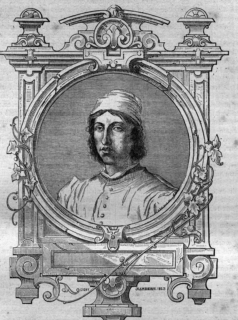 Herimar, Reims-i Saint Denis apát (meghalt 1070-ben) portréja. Metszet a „Pápák-királyok-királynők és császárok története évszázadokon keresztül” című könyvébe, Maurice Lachatre alkotó: French School
