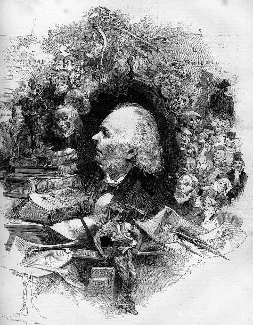 Honore Daumier (1808-1879) francia karikaturista, festő és karikaturista portréja. Metszet a „” Le Monde Illustré”” 1143. számában, február 22 alkotó: French School