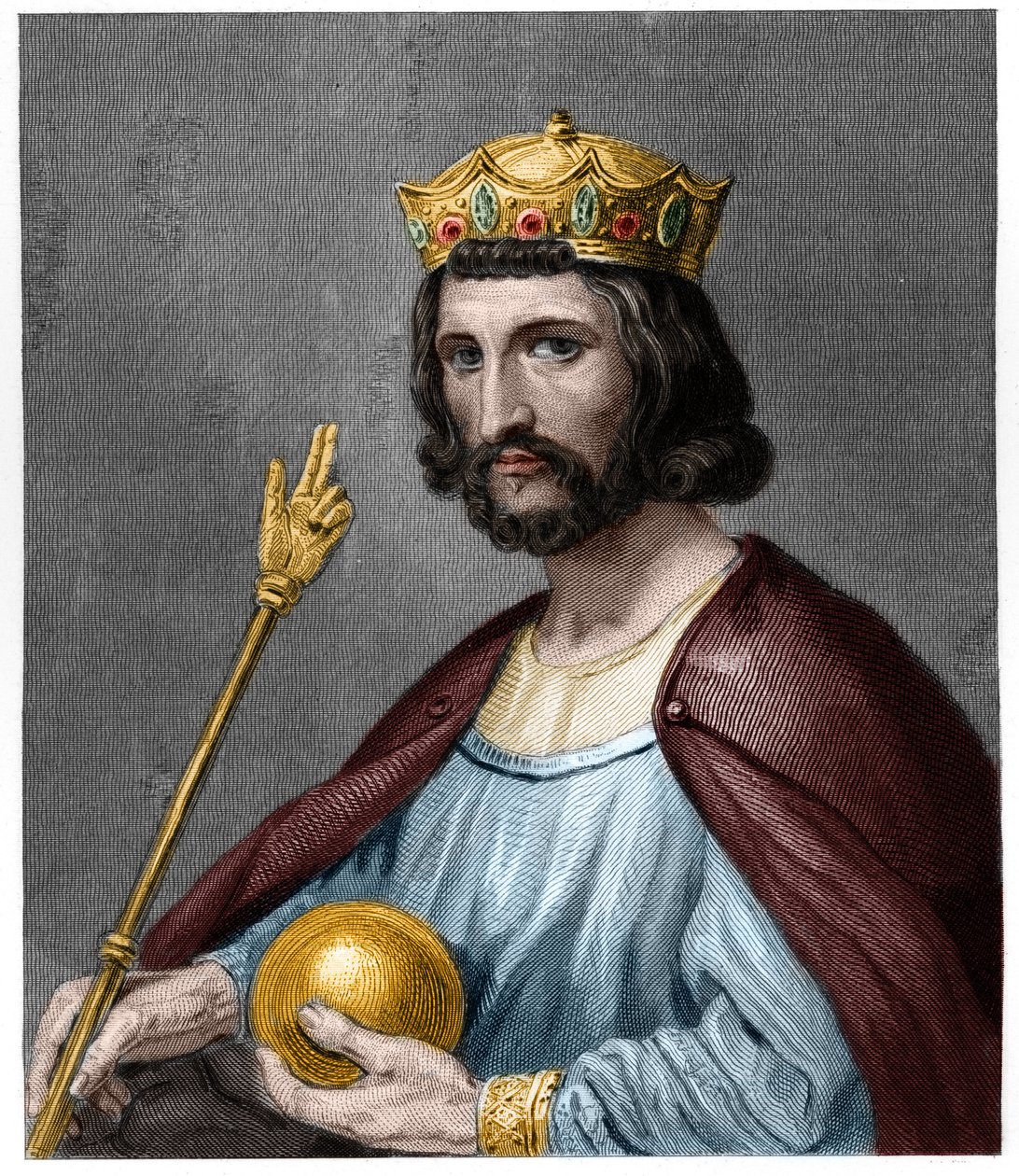 Hugues I Capet (v. 941 - 996), francia herceg, majd francia király portréja - Lavallée „Histoire des Francais”-jában, metszet, sd. alkotó: French School