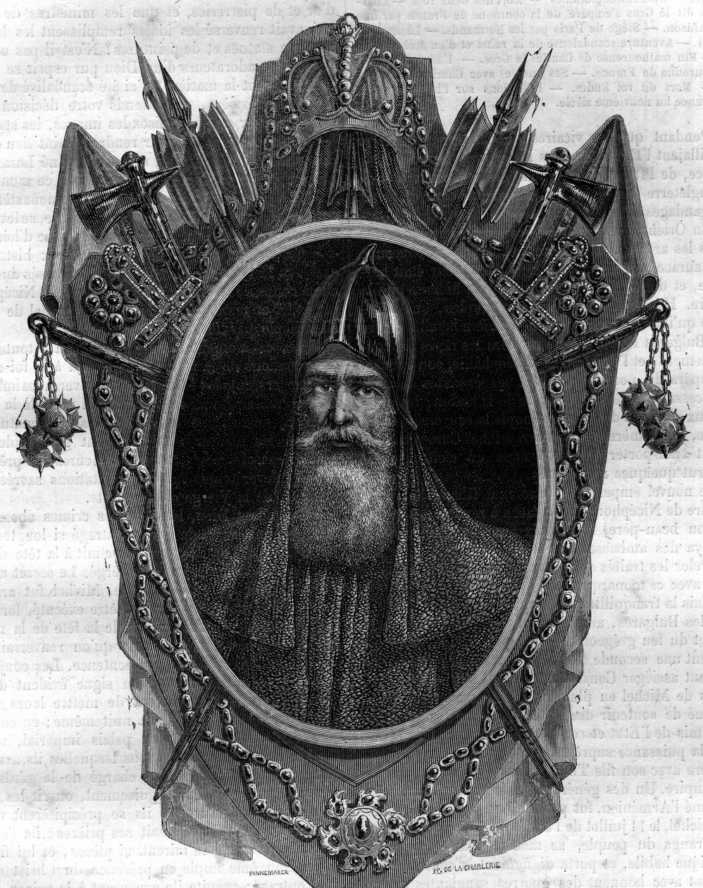 Igor oroszok hercegének, varegue hercegnek, a kijevi „rusz” uralkodójának portréja 912-től 945-ig. Vésett Maurice Lachatre „Histoire des Papes-Rois-Queen and Empereurs a travers les centuries” című könyvébe. alkotó: French School