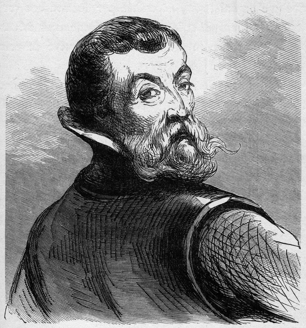 Jacques Cartier (1491-1557) portréja. Francia navigátor és felfedező. Metszet: „La Marine et les colonies: kereskedelem” alkotó: French School