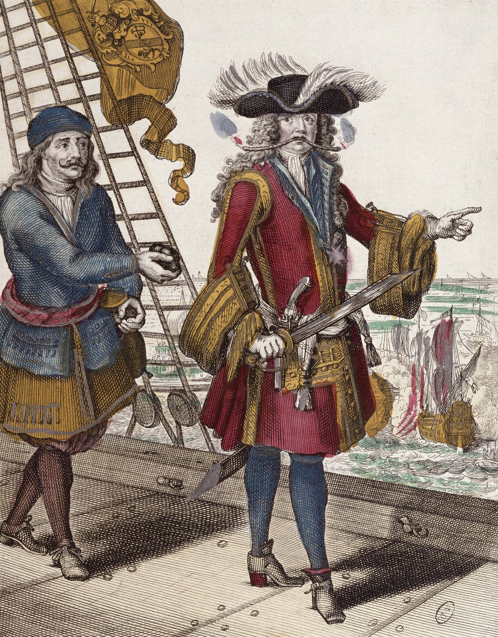 Jean Bart (1650-1702) portréja égő gyújtózsinórral a szájában egy tengeri ütközet alatt (színes metszet) alkotó: French School