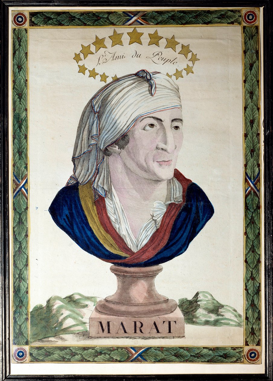 Jean Paul Marat francia orvos, újságíró és politikus (1743-1793), a nép barátjának portréja. Rézkarc erős vízzel és vésővel a 18. századból. Párizs, Musee Carnavalet. alkotó: French School