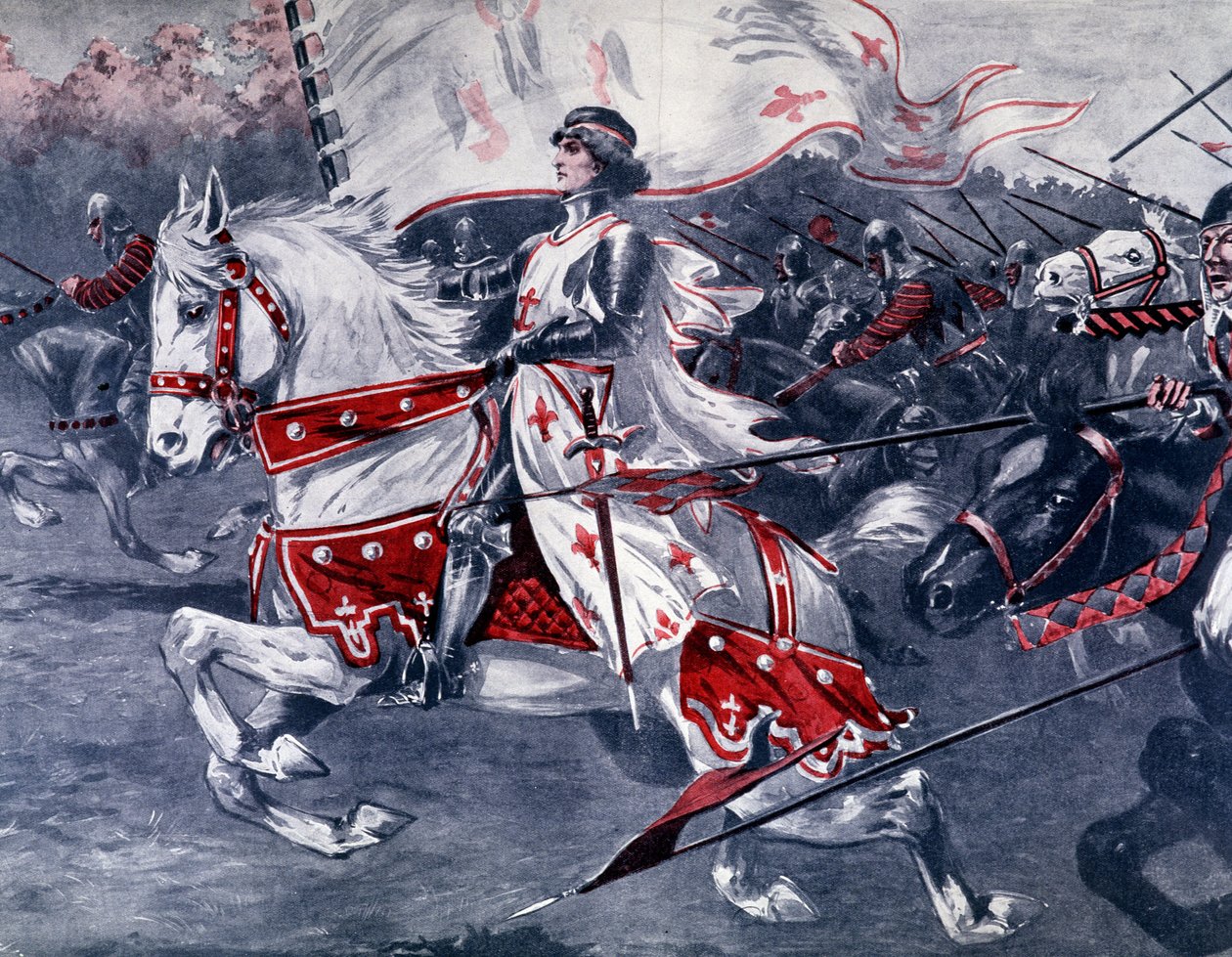 Jeanne of Arc lóháton, királyi zászlóval portréja, 19. Franciaország vége. alkotó: French School