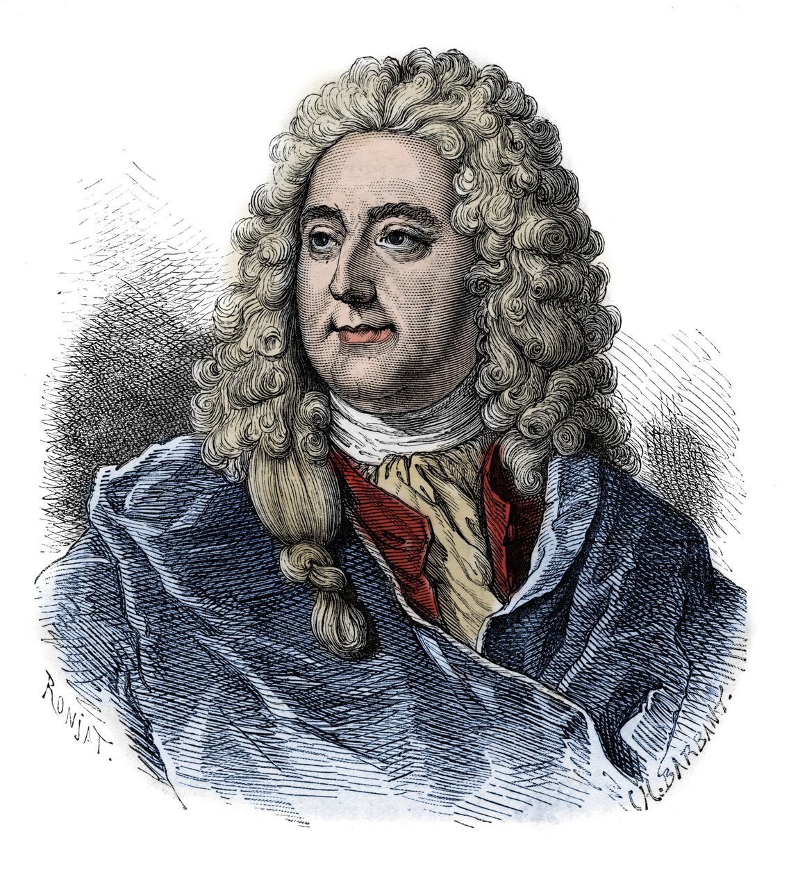 John Law portréja (1671-1729) pénzügyi ellenőr, skót pénzügyi felelős a csődért (A Rue Quincampoix eseménye) – metszet a „L’histoire de France contee à mes grandenfants”-ból – Francois Guizot – 1872-1876 alkotó: French School