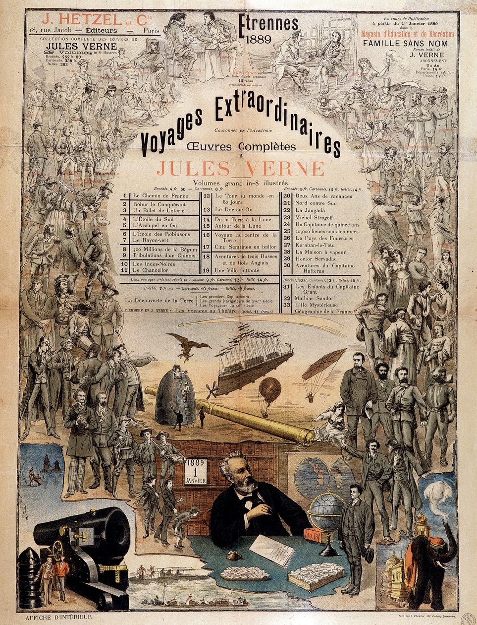 Jules Verne portréja és műveinek jelenetei - Teljes műveinek reklámplakátja alkotó: French School