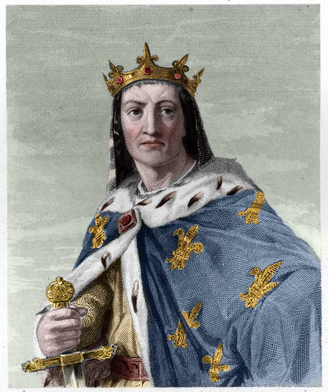 Lajos (1187 - 1226), francia király portréja – Lavallee „” Histoire des Francais” című könyvében, metszet, sd. alkotó: French School