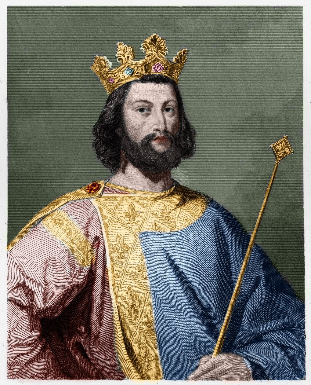 VII. Fiatal Lajos (1120 - 1180), francia király portréja - Lavallee „Histoire des Francais”-jában, metszet, sd. alkotó: French School
