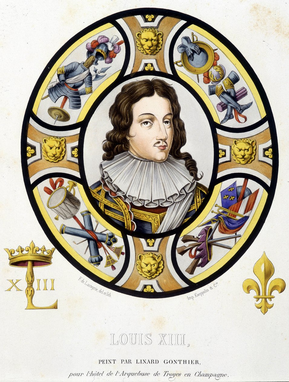 XIII. Lajos francia király (1601-1643) portréja. Egy középkori ólomüveg fakszimile a „Histoire de la peinture sur verre”-ben, Ferdinand de Lasteyrie alkotó: French School
