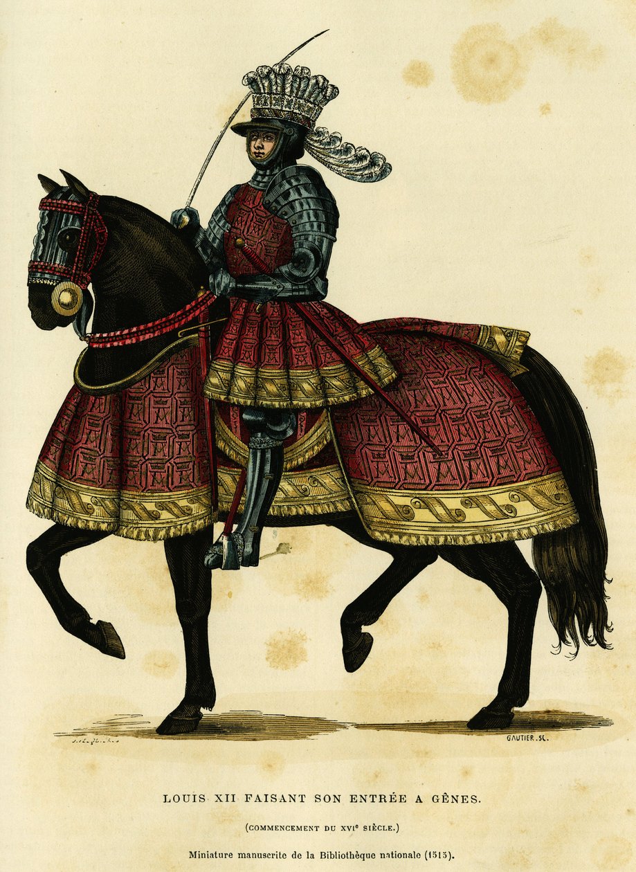 XII. Lajos francia király (1462-1515) portréja, aki 1502. augusztus 26-án belép a Genesbe. Színes metszet a nemzeti könyvtár miniatűr kézirata után (1515), Augustin „France et les francais a travers les centuries” című könyvében. Challamel, F. Roy alkotó: French School